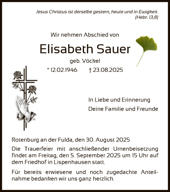 Traueranzeige von Elisabeth Sauer von HNA