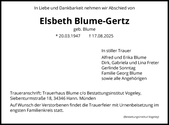 Traueranzeige von Elsbeth Blume-Gertz von HNA