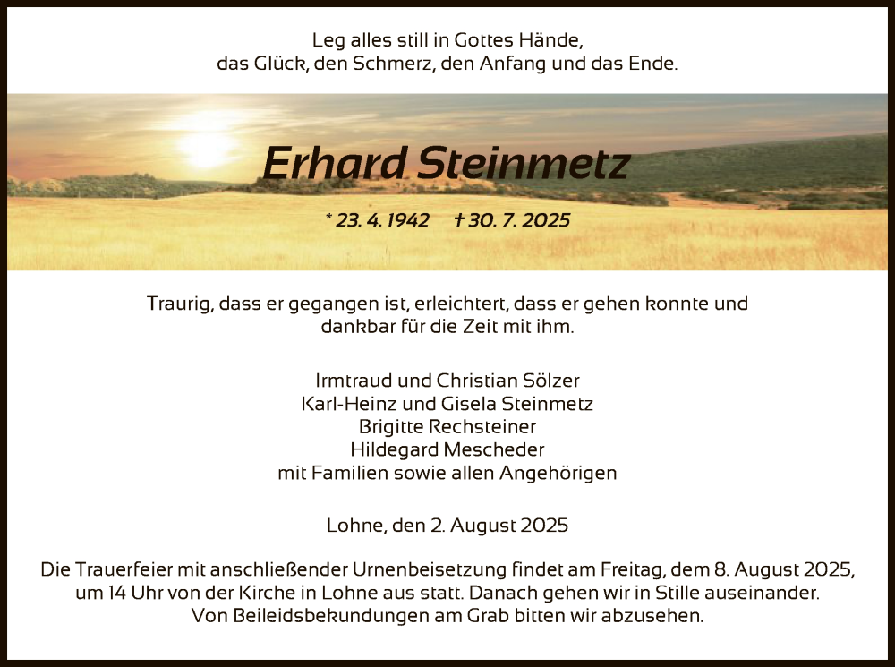  Traueranzeige für Erhard Steinmetz vom 02.08.2025 aus HNAHNA