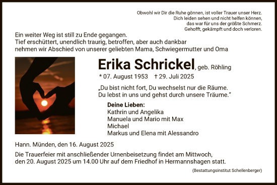 Traueranzeige von Erika Schrickel von HNA