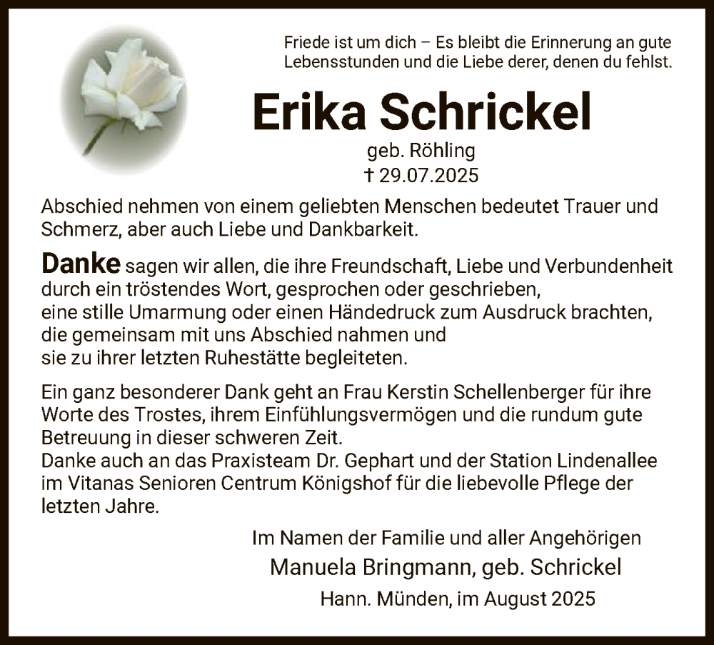  Traueranzeige für Erika Schrickel vom 30.08.2025 aus HNA