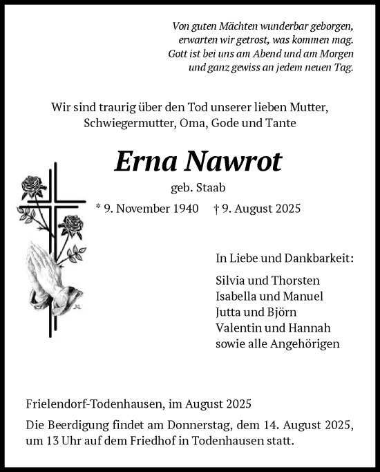 Traueranzeige von Erna Nawrot von HNA