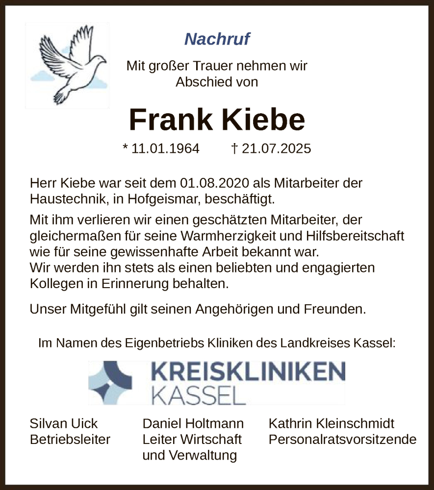  Traueranzeige für Frank Kiebe vom 02.08.2025 aus HNA