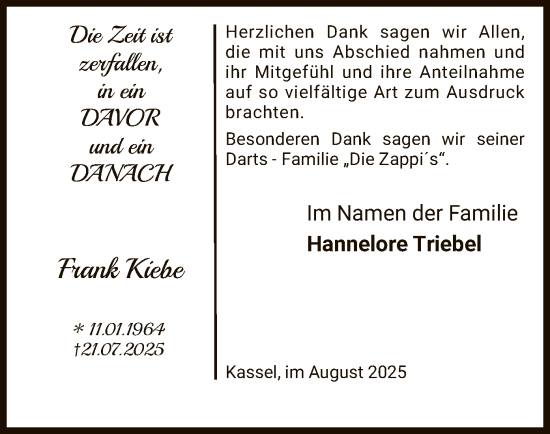 Traueranzeige von Frank Kiebe von HNA