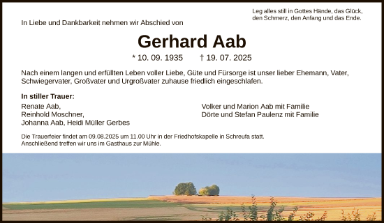 Traueranzeige von Gerhard Aab von HNA