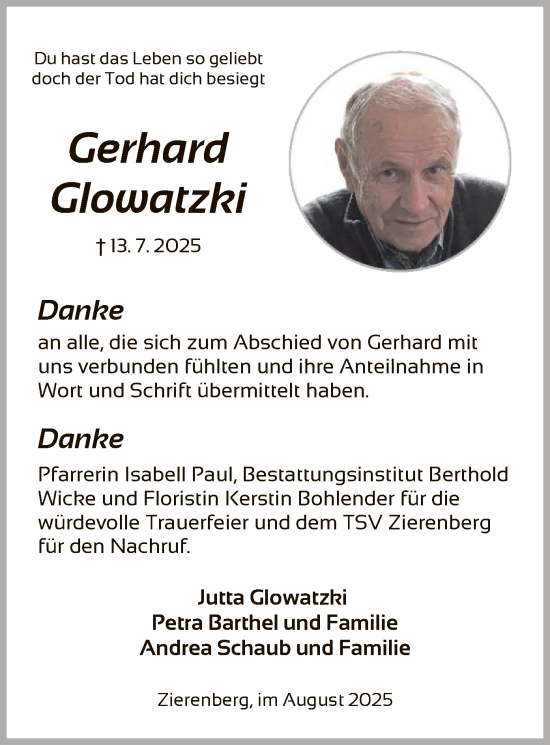 Traueranzeige von Gerhard Glowatzki von HNA