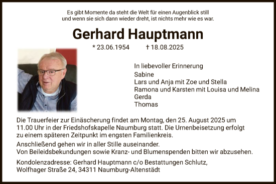 Traueranzeige von Gerhard Hauptmann von HNA