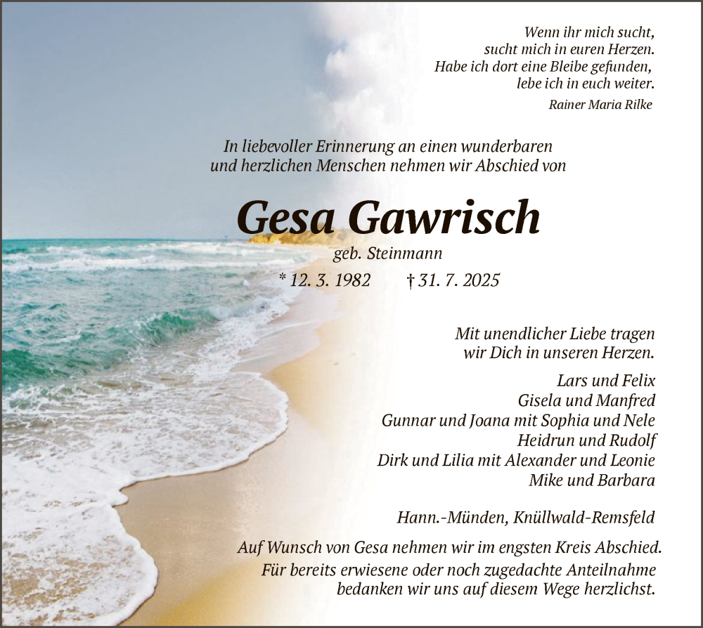  Traueranzeige für Gesa Gawrisch vom 09.08.2025 aus HNAHNA