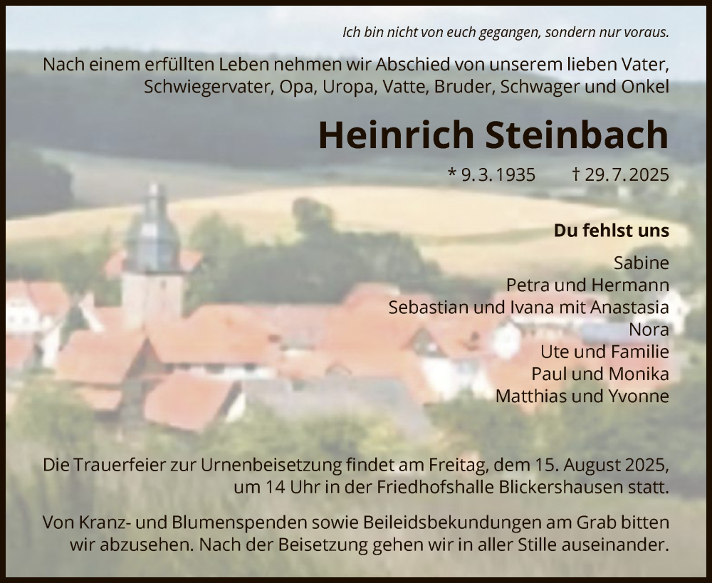  Traueranzeige für Heinrich Steinbach vom 09.08.2025 aus HNA