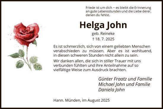 Traueranzeige von Helga John von HNA
