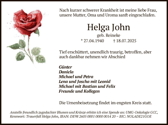 Traueranzeige von Helga John von HNA