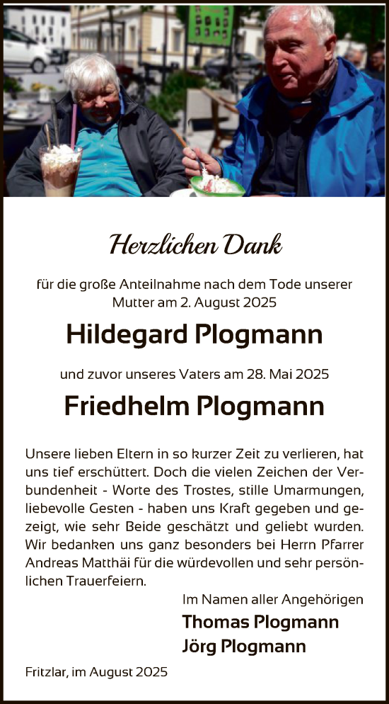 Traueranzeige von Hildegard und Friedhelm Plogmann von HNA