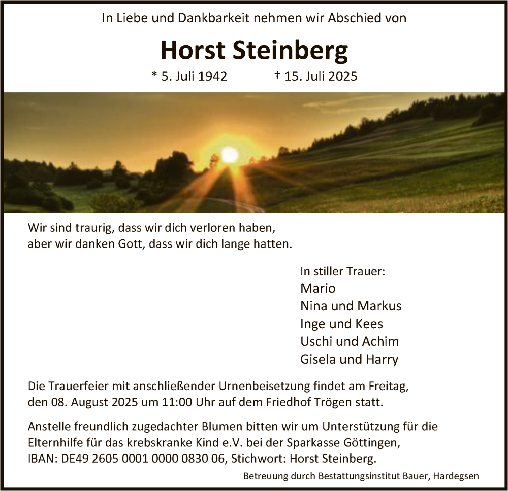  Traueranzeige für Horst Steinberg vom 02.08.2025 aus HNA