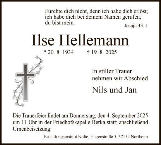 Traueranzeige von Ilse Hellemann von HNA