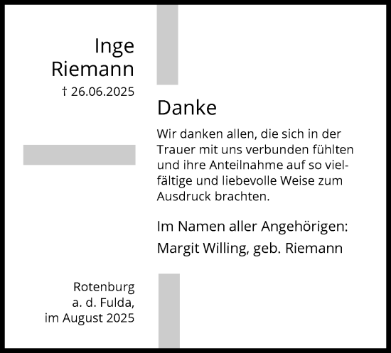Traueranzeige von Inge Riemann von HNA