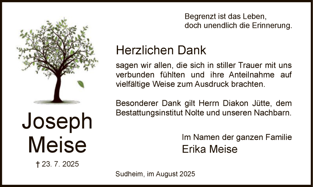  Traueranzeige für Joseph Meise vom 16.08.2025 aus HNA
