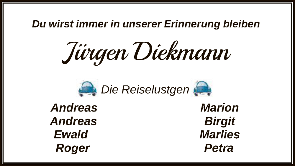  Traueranzeige für Jürgen Dickmann vom 16.08.2025 aus HNA