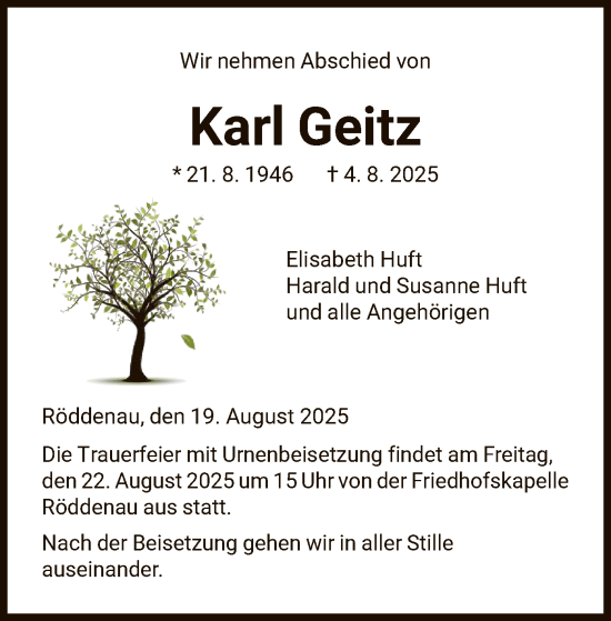 Traueranzeige von Karl Geitz von HNA