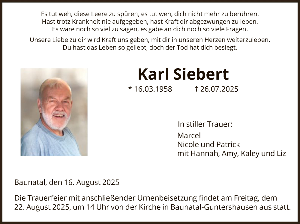  Traueranzeige für Karl Siebert vom 16.08.2025 aus HNA