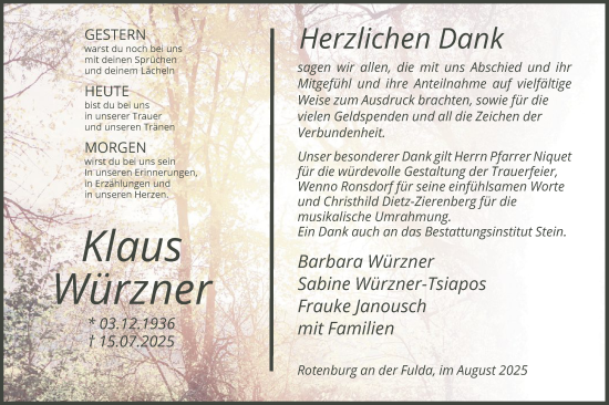 Traueranzeige von Klaus Würzner von HNAHN