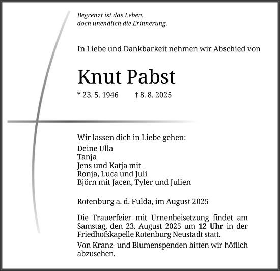 Traueranzeige von Knut Pabst von HNA