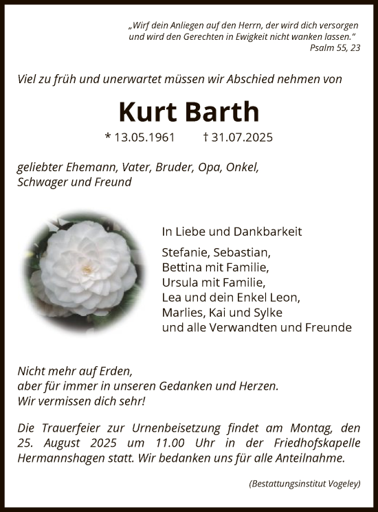 Traueranzeige von Kurt Barth von HNA