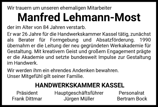 Traueranzeige von Manfred Lehmann-Most von HNA