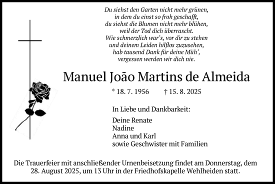 Traueranzeige von Manuel João Martins de Almeida von HNA