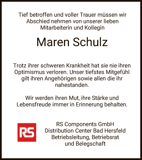 Traueranzeige von Maren Schulz von HZHNA