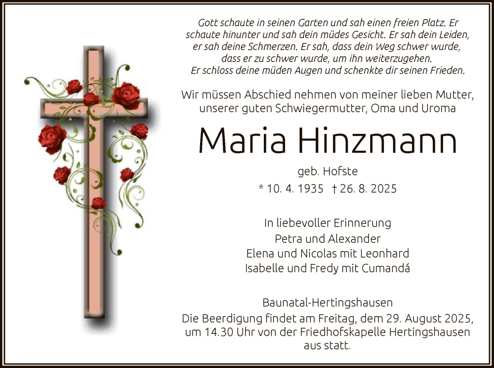  Traueranzeige für Maria Hinzmann vom 28.08.2025 aus HNA
