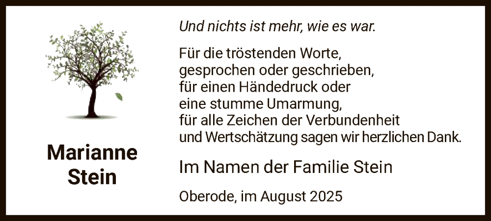  Traueranzeige für Marianne Stein vom 09.08.2025 aus HNA