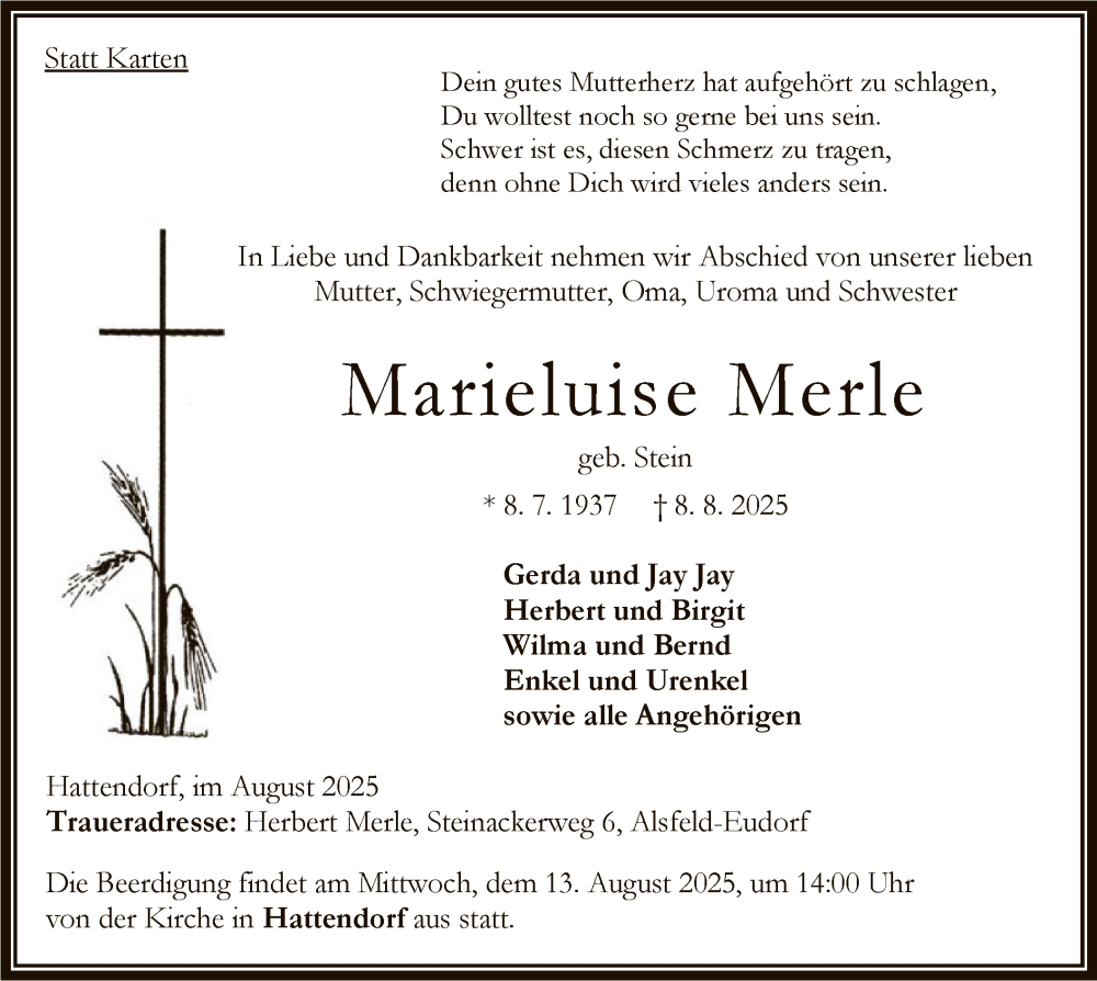  Traueranzeige für Marieluise Merle vom 12.08.2025 aus HNA
