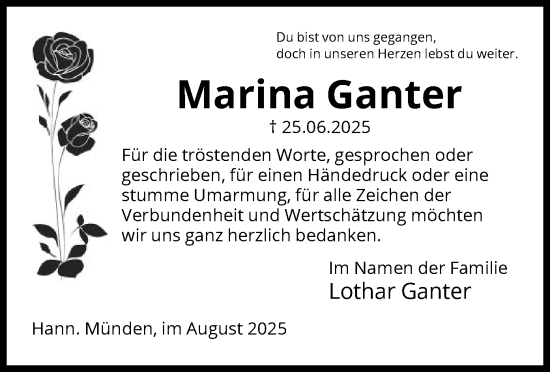 Traueranzeige von Marina Ganter von HNA