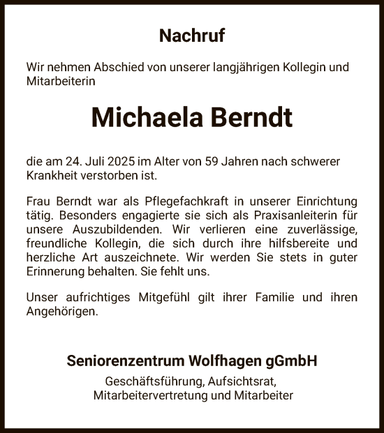 Traueranzeige von Michaela Berndt von HNA