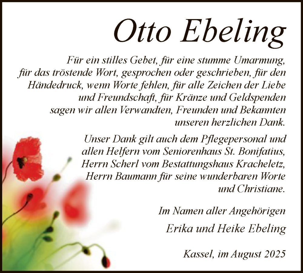  Traueranzeige für Otto Ebeling vom 02.08.2025 aus HNA