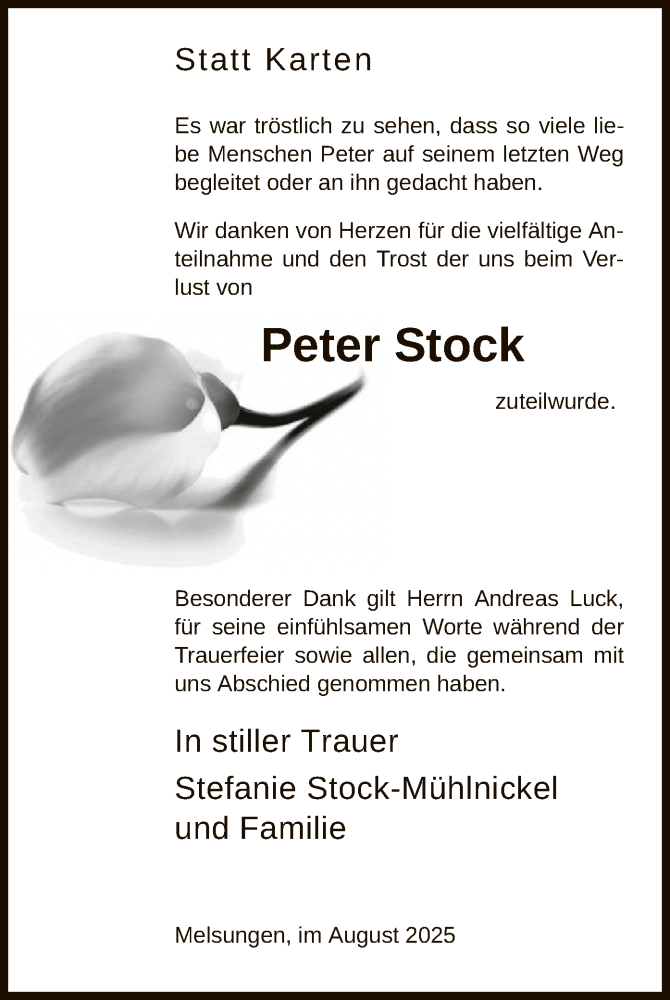  Traueranzeige für Peter Stock vom 09.08.2025 aus HNA