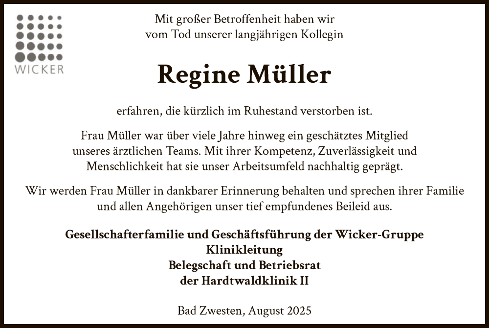  Traueranzeige für Regine Müller vom 23.08.2025 aus HNA