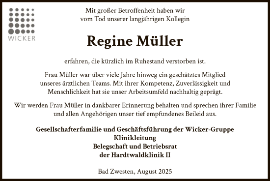 Traueranzeige von Regine Müller von HNA