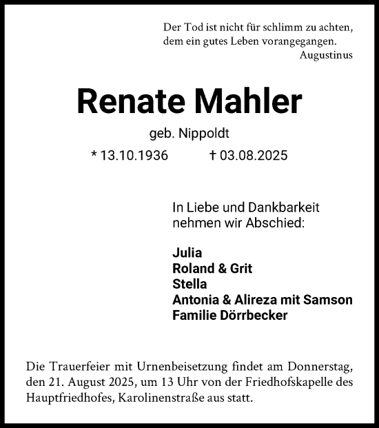 Traueranzeige von Renate Mahler von HNA