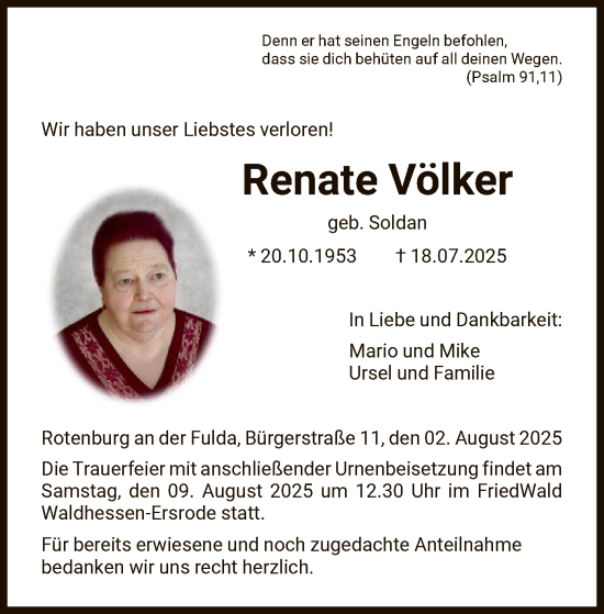 Traueranzeige von Renate Völker von HNA