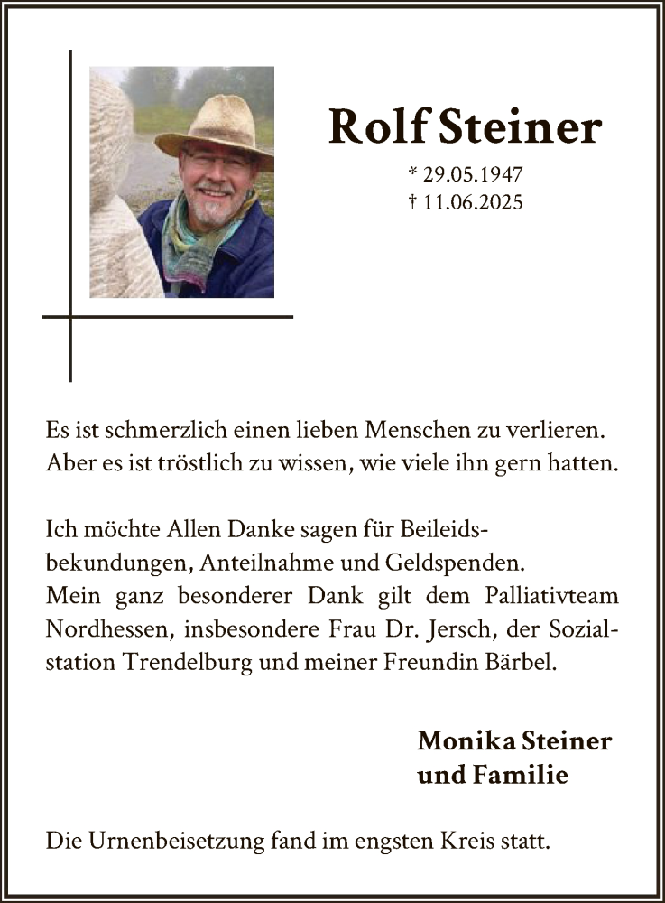  Traueranzeige für Rolf Steiner vom 02.08.2025 aus HNA