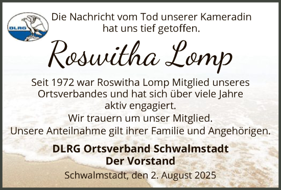 Traueranzeige von Roswitha Lomp von HNA
