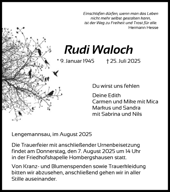 Traueranzeige von Rudi Waloch von HNA