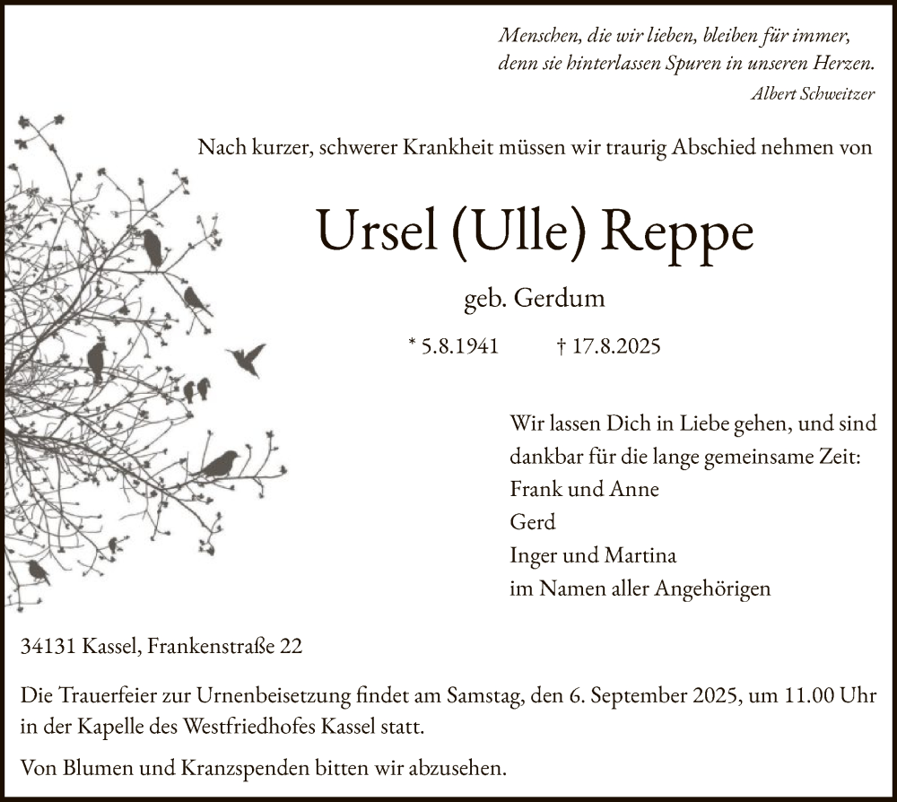  Traueranzeige für Ursel Reppe vom 30.08.2025 aus HNA