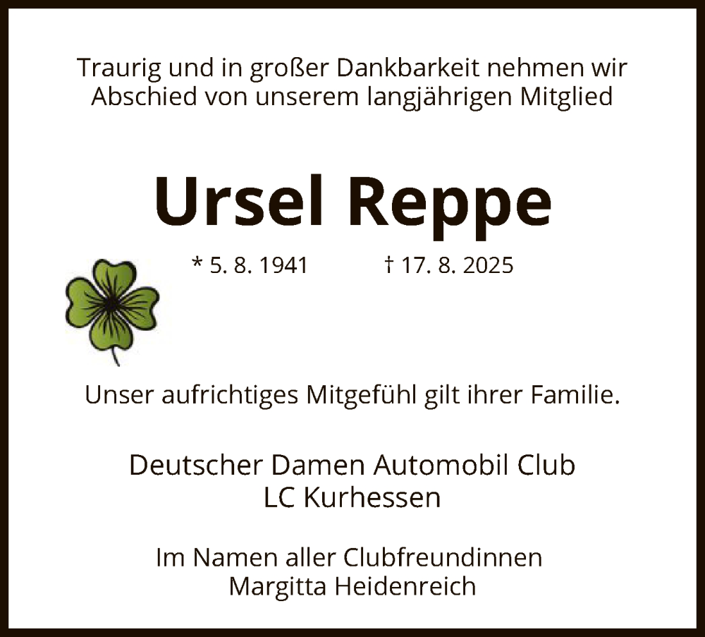  Traueranzeige für Ursel Reppe vom 30.08.2025 aus HNA