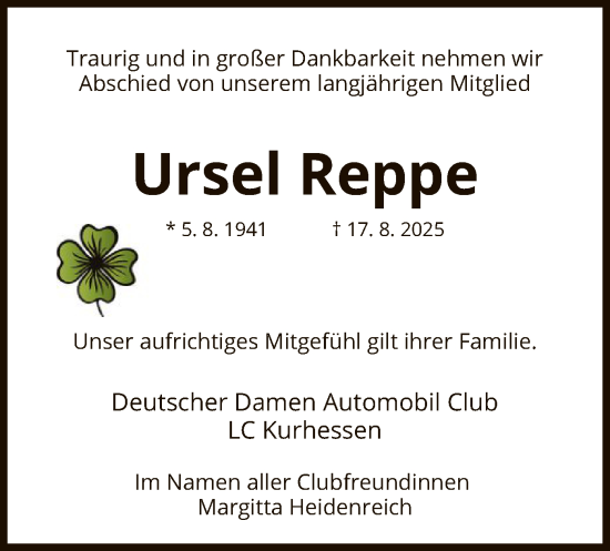 Traueranzeige von Ursel Reppe von HNA