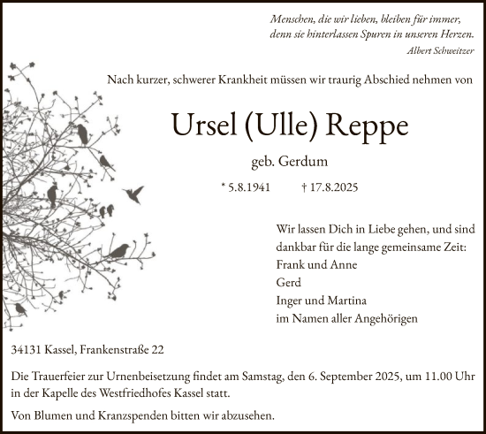 Traueranzeige von Ursel Reppe von HNA
