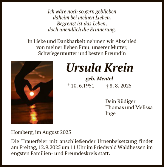 Traueranzeige von Ursula Krein von HNA