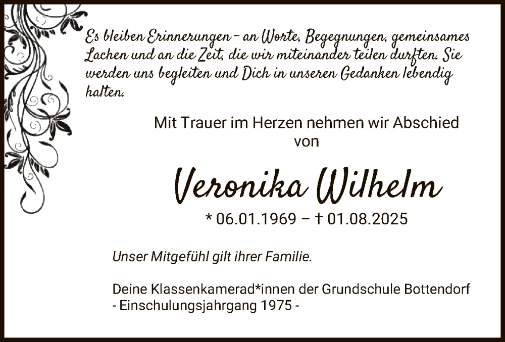  Traueranzeige für Veronika Wilhelm vom 06.08.2025 aus HNA