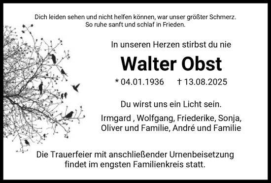 Traueranzeige von Walter Obst von HNA